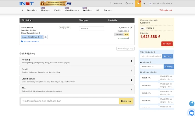 Nhập mã SINHVIENUIT giảm 30% Hosting cho sinh viên UIT tại INET